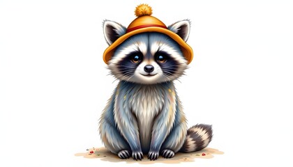 Fototapeta premium Cute watercolor raccoon wearing a tiny hat, sitting still, isolated on white background