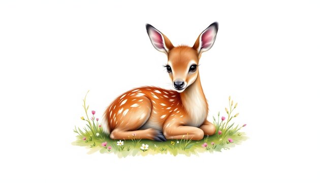 Cute watercolor deer fawn lying down with legs tucked, calm face, isolated on white background