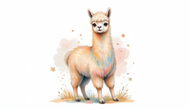 Cute watercolor alpaca standing with fluffy wool texture, pastel wash, isolated on white background