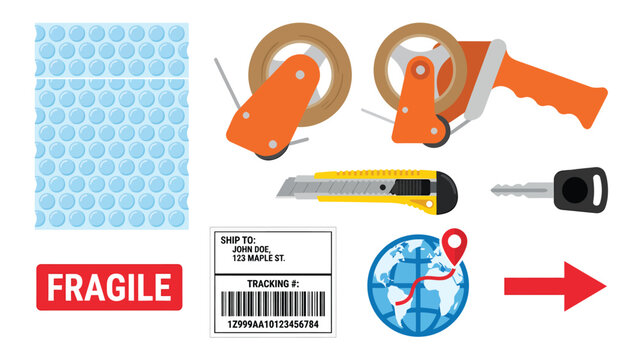 Packaging, Shipping & Delivery Supplies Icons Set: Bubble Wrap, Tape, Labels, Tracking, Fragile