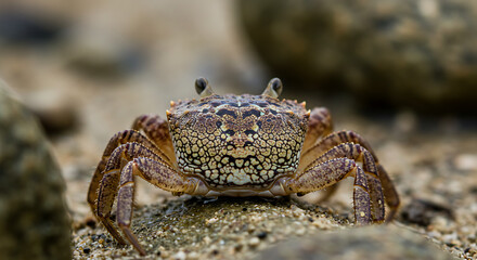 Close up macro portrait of a crab on a sandy beach among pebbles