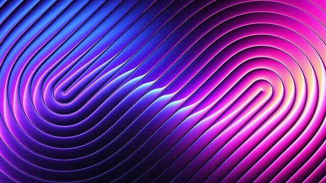 Neon gradient light refracting through ribbed glass with smooth contour curves and flowing geometry. Parallel wave contours and fluid bends with glowing gradient for tech showcases. Seamless loop. 4K
