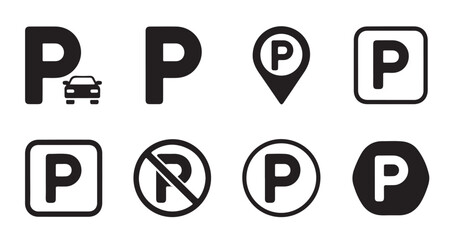 Parking area sign icons set with location marker and restricted parking symbols for transport