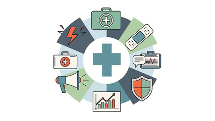 Obraz premium Healthcare concept with medical icons arranged in a circle around a cross