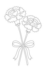 Two carnations bouquet with ribbon continuous line drawing. Editable stroke vector illustration for Mother's Day.
