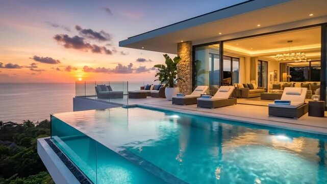 Luxurious modern villa with an infinity pool overlooking a stunning tropical ocean sunset, ideal for a peaceful vacation.