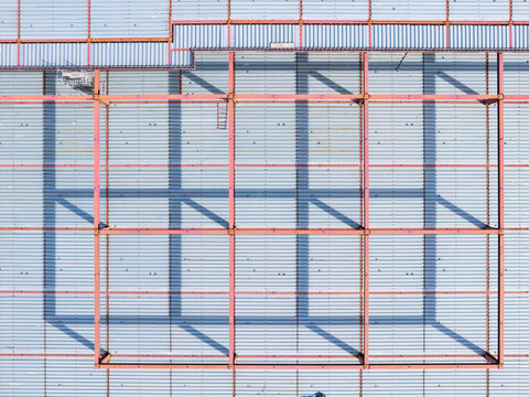 Aerial View of Construction Site Roof Structure with Grid Beams