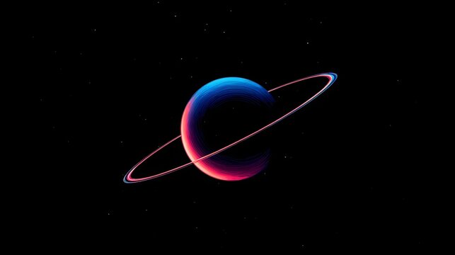 Crescent planet with glowing red and blue rings