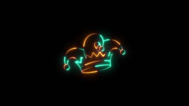Glowing neon Glowing Neon Jester joker Hat Icon Animation,Neon Clown Hat with Bells, Glowing neon line Joker playing card icon isolated on black background. Jester hat with bells joker Hat Icon