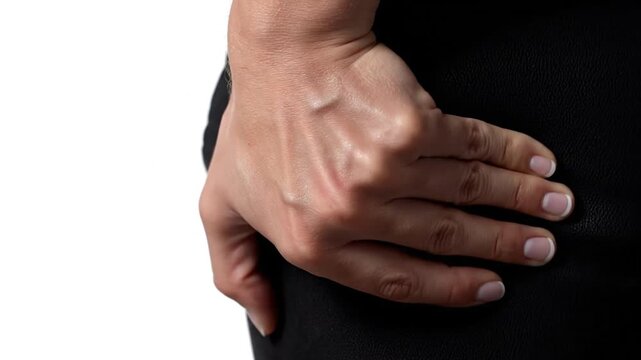 Close-up of a woman's hand resting on black fabric, showing veins and manicured nails.