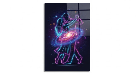 Neon Couple Dancing in Galaxy &ndash; Romantic Cosmic Love Illustration for Home Wall Decor