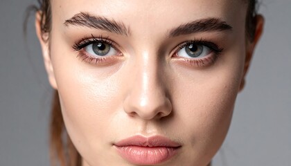 Fototapeta premium Close-up Portrait of a Young Woman with Natural Makeup and Expressive Eyes.