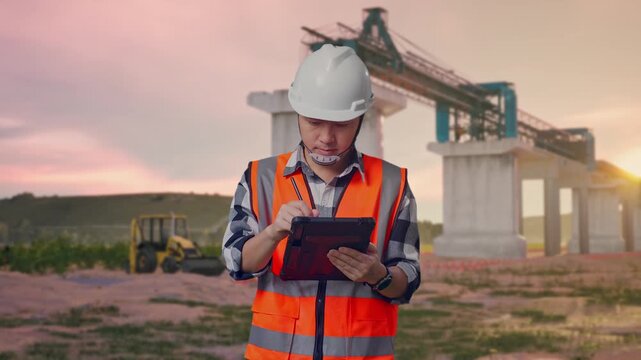 Asian Male Engineer With Safety Helmet Taking Note On The Tablet And Looking Around While Standing at Bridge Construction Site with Concrete Pillars at Sunset
