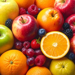 Vibrant closeup of assorted fruits, apples, oranges, berries, grapes, and a sliced orange