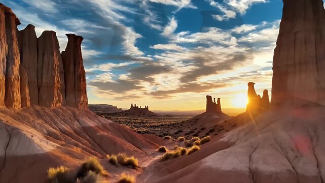 Hoodoo rock formations at sunset under a dramatic cloudy sky