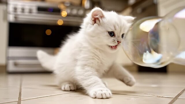 Playful white kitten chases bubbles in kitchen video.