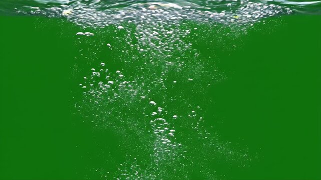 Underwater view of swirling bubbles and white foam on a vibrant green background