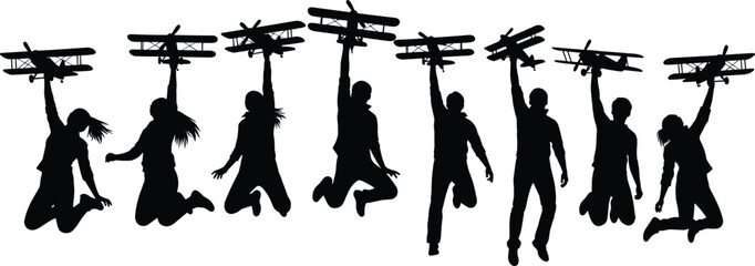 Silhouette group jumping with vintage biplanes, teamwork celebration, aviation dreams, unity in flight, dynamic people holding airplanes ©  jahanara