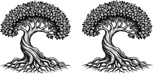 Obraz premium Stylized tree illustration, twisting trunk roots, bold graphic canopy, symmetrical design, artistic nature silhouette, high contrast blue artwork