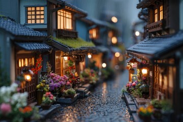 Obraz premium Rainy Evening in a Japanese Village Street
