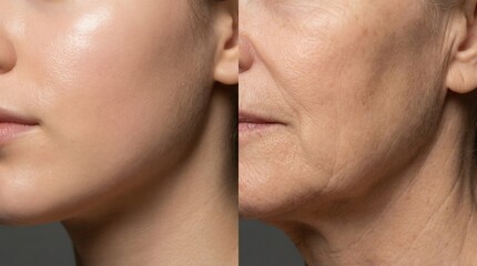 Obraz premium Smooth young skin comparison next to aged mature wrinkled skin in a studio close-up shot for anti-aging dermatology concept.