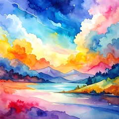 Vibrant watercolor landscape painting. Sky with colorful clouds over hills and water. Sunny & dreamy artistic rendering