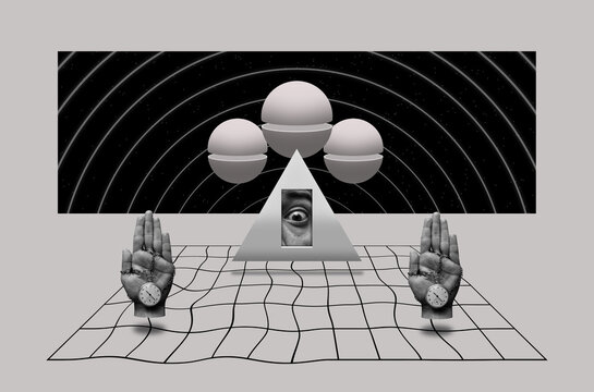 Surrealistic still life with a hands, triangle and spheres