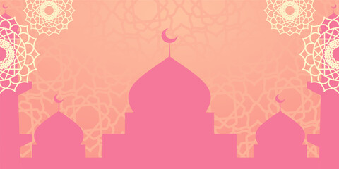 Beautiful pink Islamic background with mandala ornaments and mosque silhouettes. Free copyspace design. Suitable for banner templates, posters, and social media.