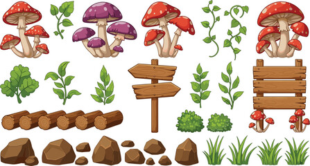 Enchanted forest game asset collection featuring red and purple toadstool mushrooms, wooden signposts, logs, rocks, grass, and leafy vines in flat cartoon style. © MdGohurul