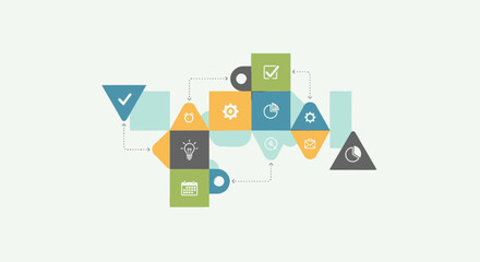 Abstract infographic with colorful geometric shapes and icons representing business and technology concepts.