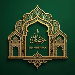 Intricate gold and green eid mubarak decorative art with arabic calligraphy