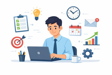 Man working on laptop surrounded by business icons representing productivity and success