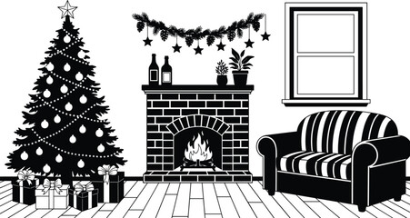 Cozy Christmas living room silhouette, decorated tree fireplace sofa and gifts, black and white flat vector illustration for holiday home interior design