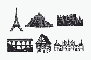Fototapeta premium Iconic French Travel Symbols Collection: Linocut Silhouettes of Famous Monuments.