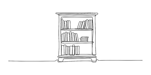 Simple continuous line drawing of a classic wooden bookshelf filled with books on its shelves. Vector, illustration © Bobita