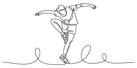 Fototapeta premium Continuous line drawing of a male dancer performing an energetic jump on a white background. Vector, illustration