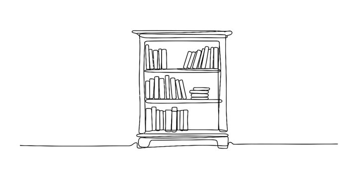 Simple continuous line drawing of a classic wooden bookshelf filled with books on its shelves. Vector, illustration