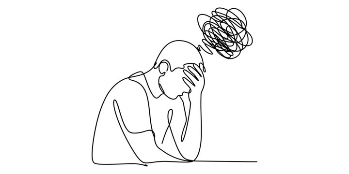 Continuous line drawing of a man in distress with a cloud of chaotic thoughts above his head Vector, illustration