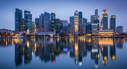 Fototapeta premium A cityscape at dusk with towering modern buildings reflecting in tranquil water