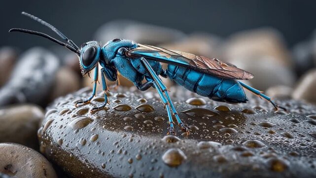 blue mud dauber on stone