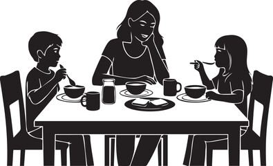 Fototapeta premium Mother and children having meal at dining table silhouette of family eating breakfast or lunch together on transparent background