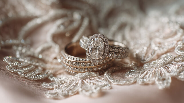 Close-up of luxurious diamond engagement and wedding rings resting on elegant white lace and pink silk fabric, capturing sophisticated bridal details.