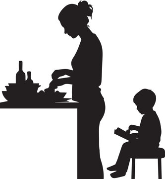Mother cuts fruit on kitchen counter, boy reads book sitting on stool, healthy lifestyle at home