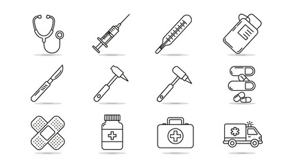 Collection of simple medical and healthcare icons in outline style.
