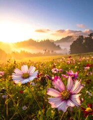 Vibrant wildflowers bloom in a sunlit meadow with distant hills and fog against a bright blue sky in the background