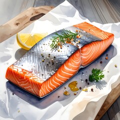 Vivid watercolor style art of salmon fillet, lemon wedge, herbs and spices on white paper background