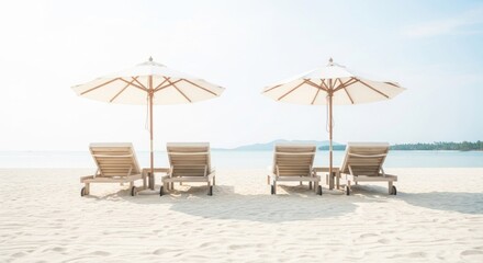 Fototapeta premium Beach scene with wooden lounge chairs, sun umbrellas, and ocean background