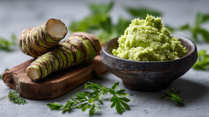 Japanese wasabi rhizome and green paste