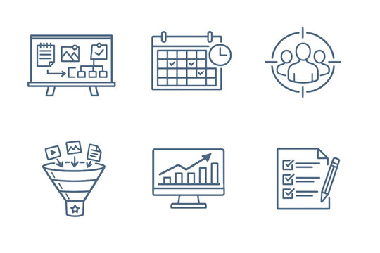Set of six content strategy icons in line style. Editable stroke vector collection designed for UI, content planning, marketing workflows and online platforms.