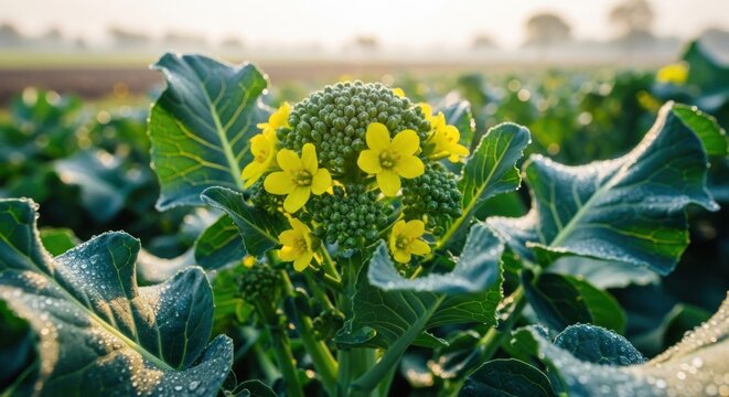 Close-up of broccoli plant with yellow flowers in a field, morning sun, dew